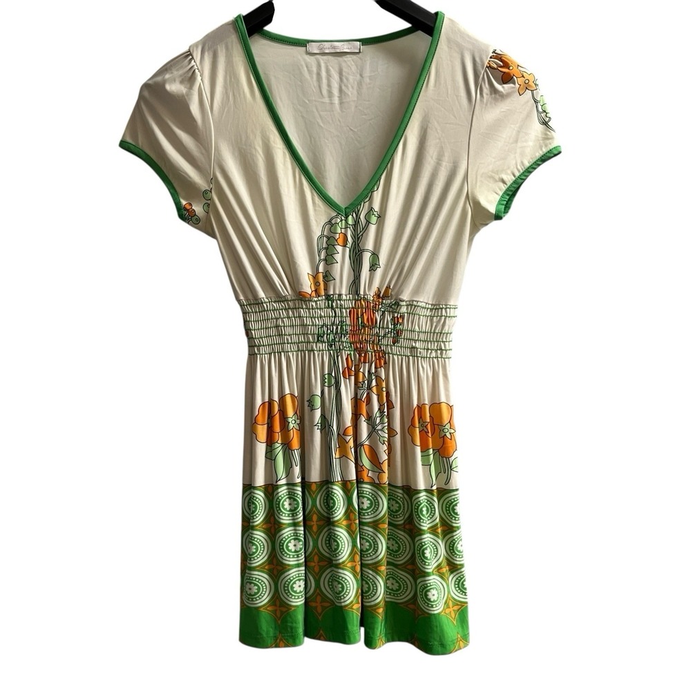 Vintage Charlotte Russe Y2K Top M White Green Floral Babydoll Smocked Fairy